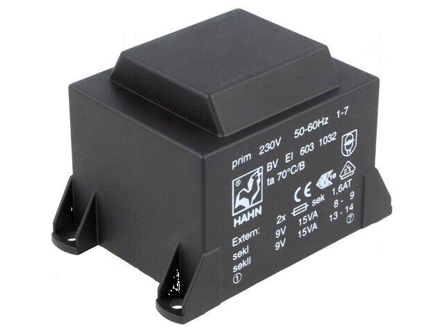 Transformator: ingegoten; 30VA; 230VAC; 9V; 9V; 1667mA; 1667mA; PCB Transformator: ingegoten; 30VA; 230VAC; 9V; 9V; 1667mA; 1667mA; PCB